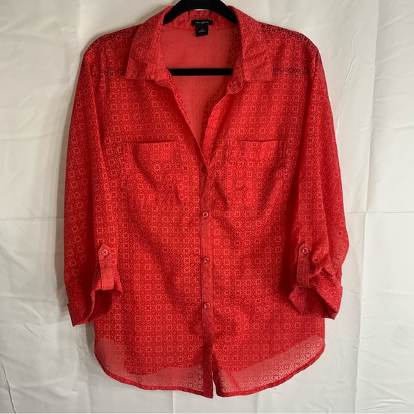 Ann Taylor Factory Tops - Ann Taylor Red Geometric Semi-Sheer Lightweight Button-Up Tunic Shirt, size 10
